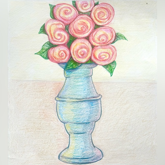 Handmade Hand Crafted Original Artwork Colored Pencil Drawing Flowers Still Life - Picture 1 of 5